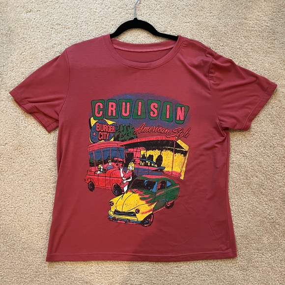 SHEIN Tops - Red Graphic Tee with Vintage Car Print